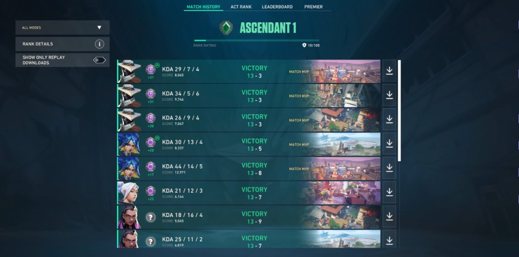 Match history showcase